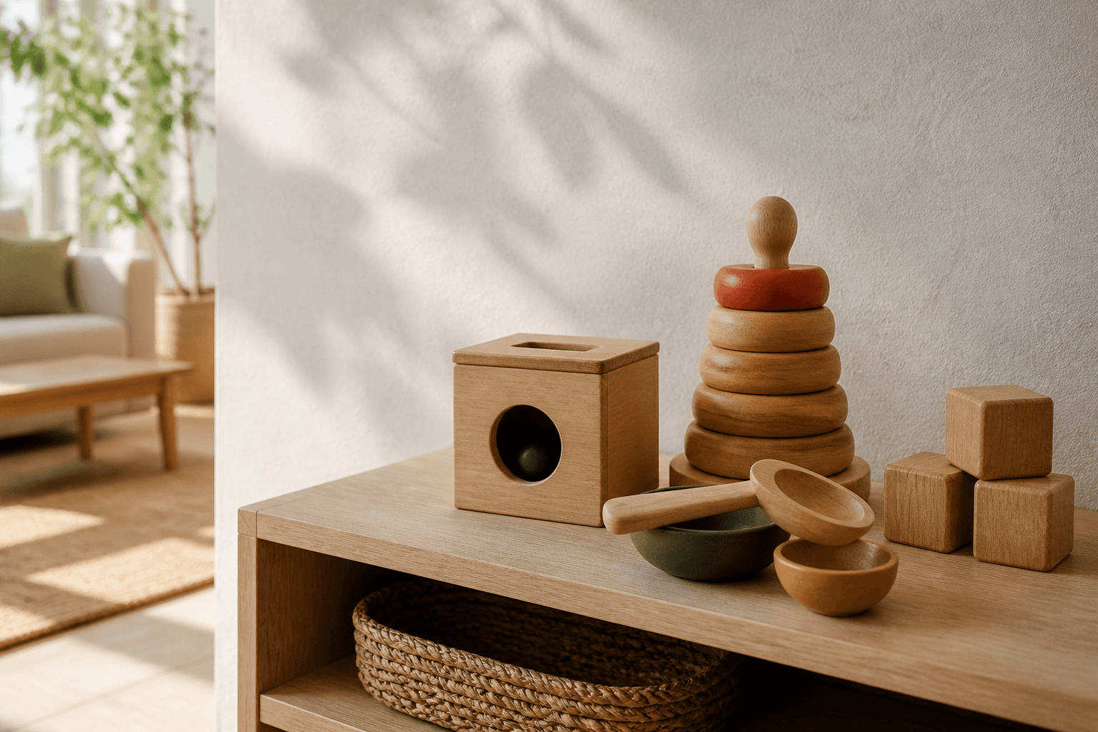 Simple wooden play materials arranged on a low shelf in natural light